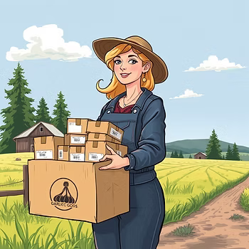 Garlic Gods farmer carrying a branded shipping box on the farm
