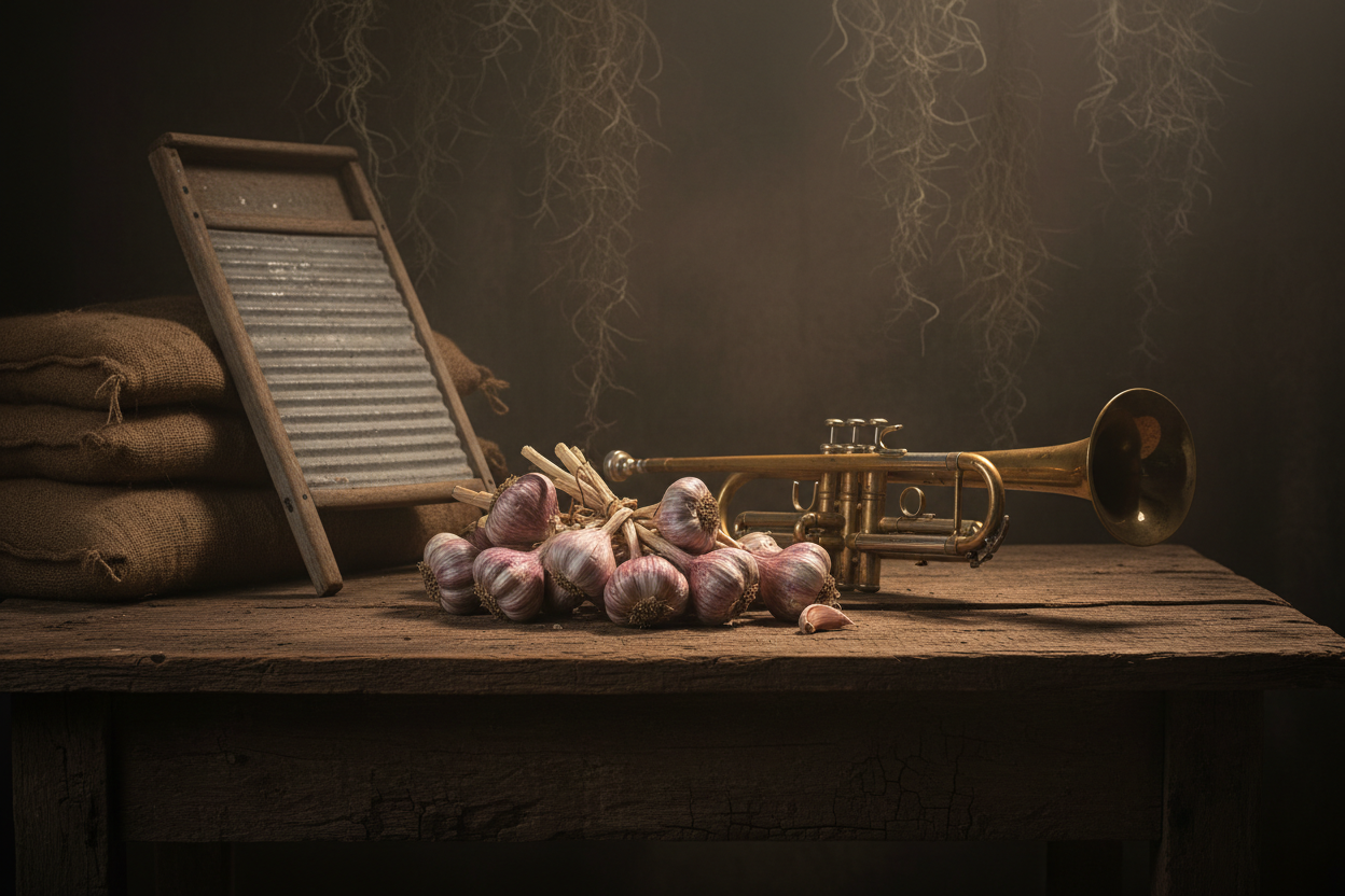 Creole garlic bulbs with purple and rose wrappers tied in a bundle on a weathered wooden table beside a vintage metal washboard leaning against burlap sacks and a brass trumpet, moody atmospheric lighting with warm amber glow and soft smoky haze