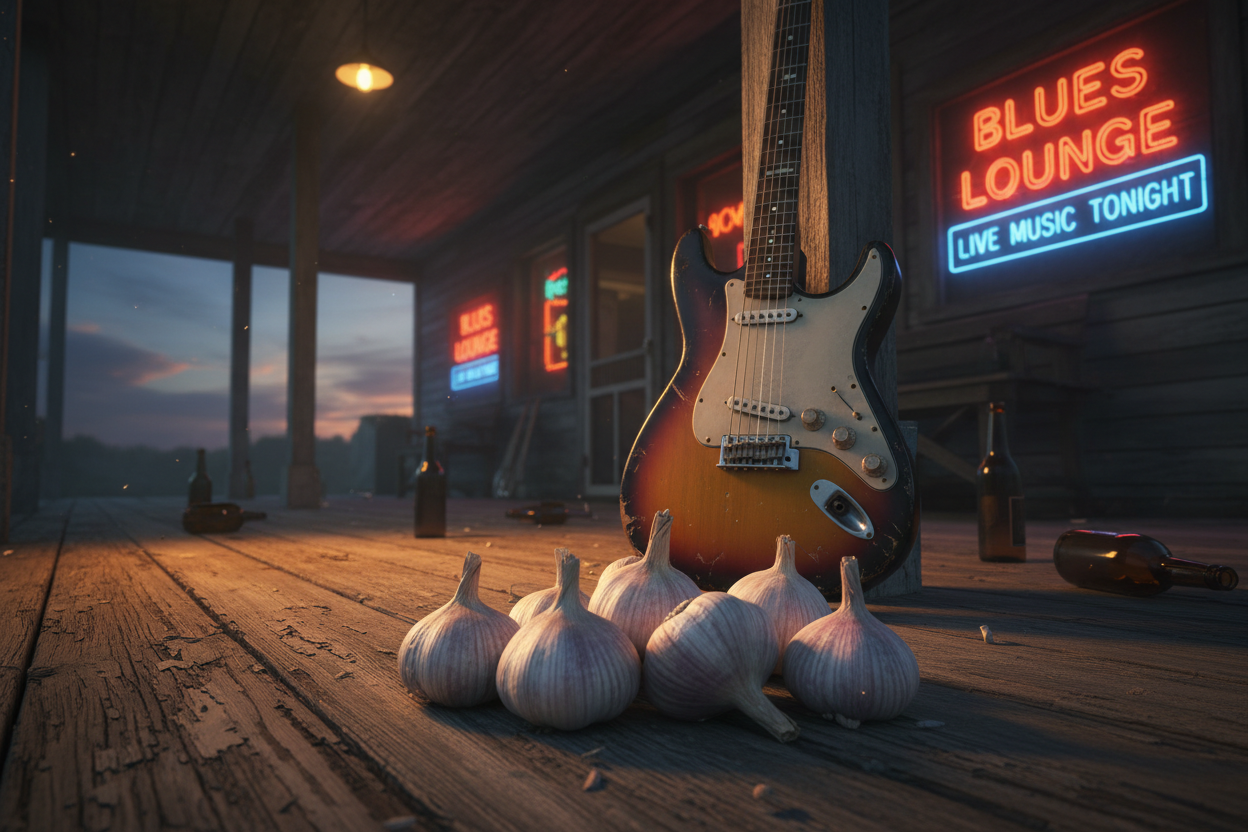 Creole garlic bulbs with white wrappers arranged on a weathered wooden porch floor in front of a sunburst electric guitar leaning against a Mississippi Delta juke joint with glowing Blues Lounge and Live Music Tonight neon signs at dusk