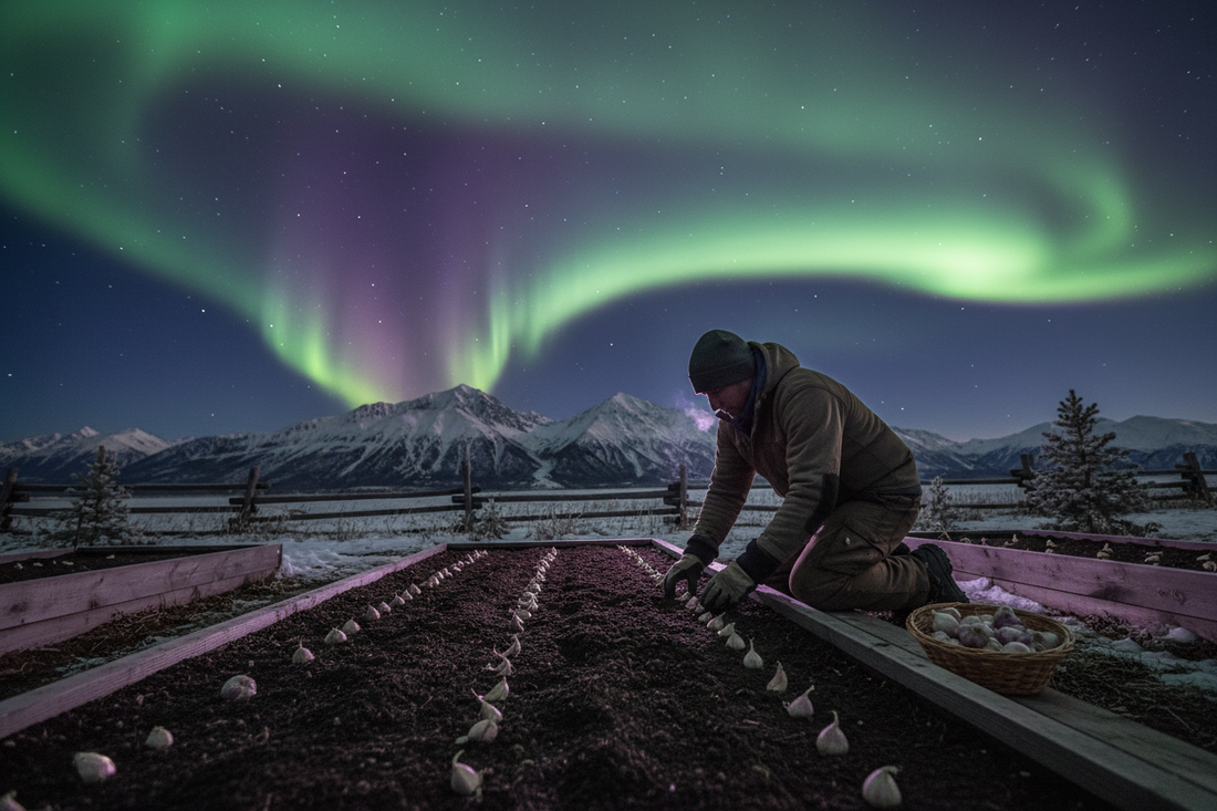 A gardener planting garlic cloves in a raised garden bed in Alaska with the green and purple aurora borealis northern lights dancing across the sky and snow-capped mountains