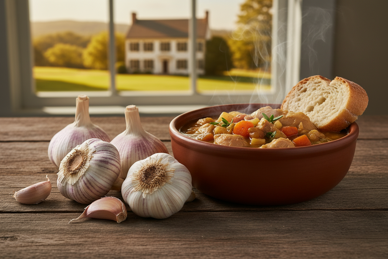 Fresh garlic bulbs with white and purple-streaked wrappers beside a steaming bowl of Delaware blue hen chicken stew on a rustic wooden table, a classic colonial farmhouse and rolling Piedmont hills visible through the window