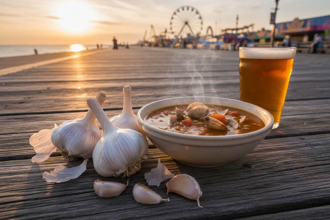 Garlic bulbs with white and purple wrappers beside a steaming bowl of New Jersey tomato clam chowder and a craft beer on a rustic boardwalk table, the Atlantic City boardwalk and Atlantic Ocean visible at sunset