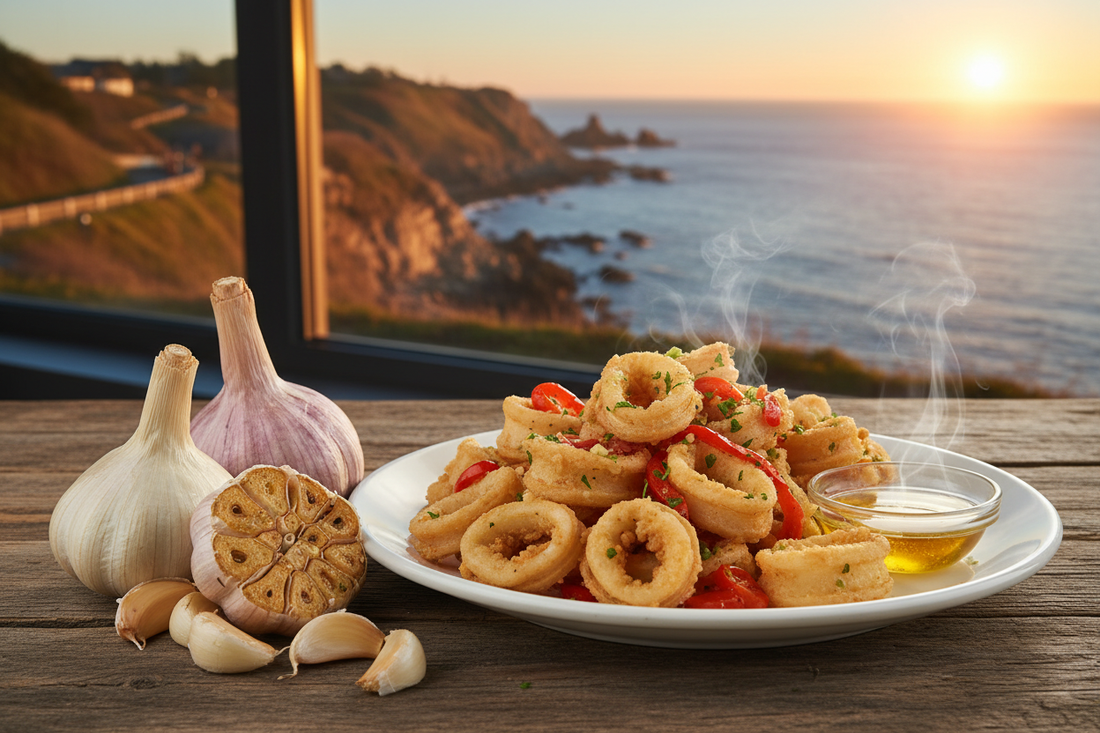 Garlic bulbs and roasted cloves beside a steaming plate of Rhode Island calamari with cherry peppers and garlic butter, the historic Newport Cliff Walk and Atlantic Ocean