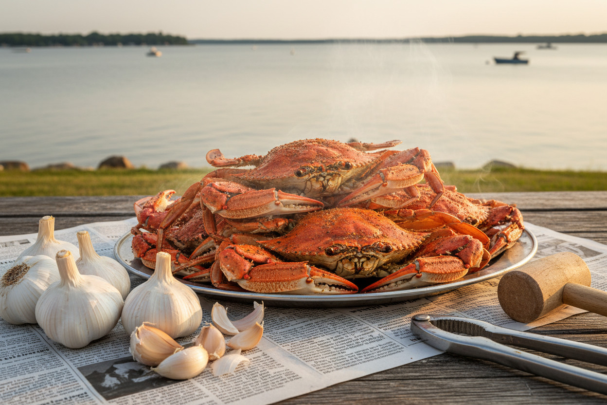 Fresh garlic bulbs and cloves beside a heaping platter of Old Bay-seasoned Maryland blue crabs on newspaper, wooden mallet and crab crackers on a Chesapeake Bay waterfront table at sunset