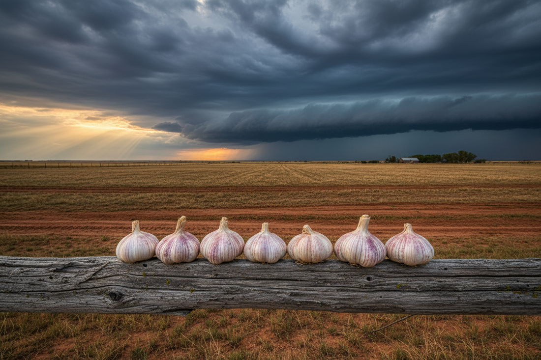 Garlic on fence before the storm