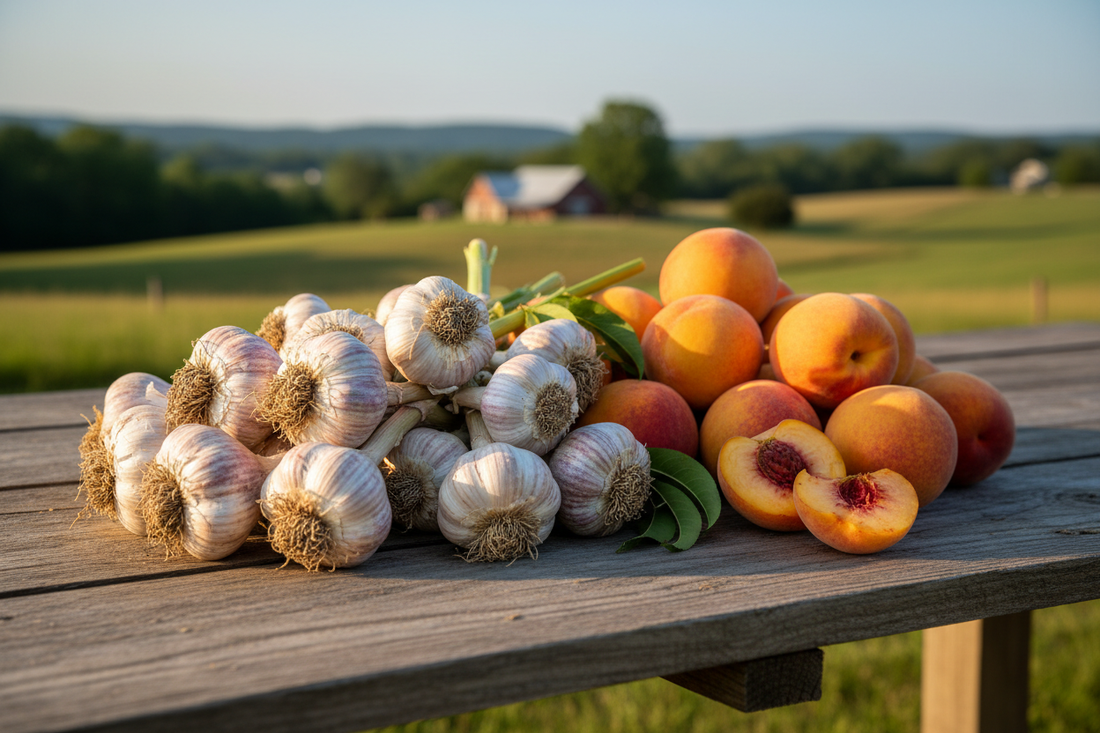 Freshly harvested garlic bulbs piled next to ripe golden peaches on a weathered wooden farm table with a Georgia farm and red barn in the background