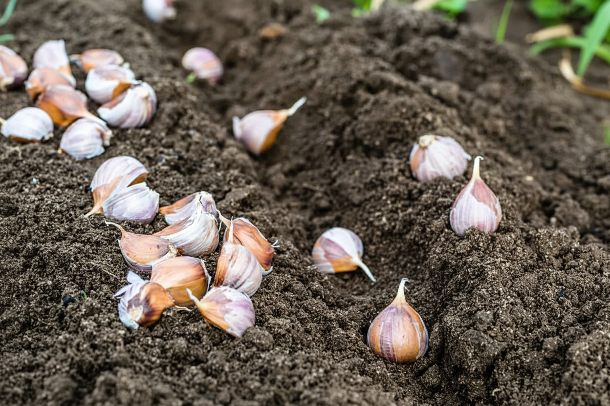 Garlic bulbs broken into individual cloves before planting in compost rich soil