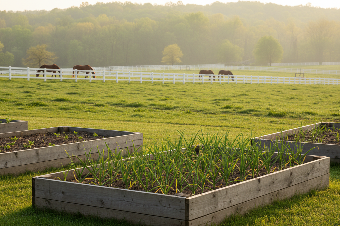 Garlic plants growing in wooden raised beds on a Kentucky horse farm at sunrise with thoroughbred horses grazing behind white wooden fencing in a lush green Bluegrass Region pasture