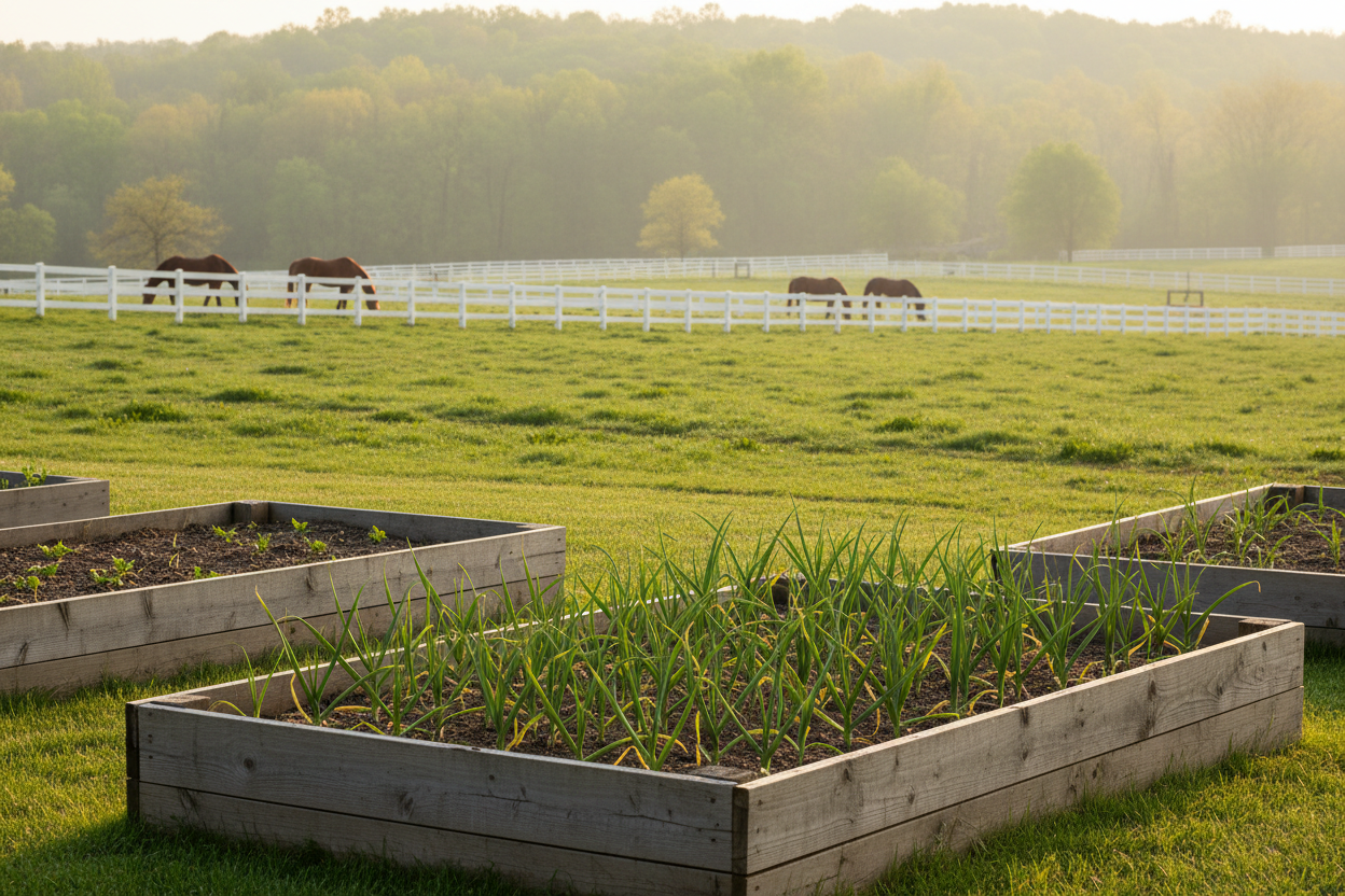 Garlic plants growing in wooden raised beds on a Kentucky horse farm at sunrise with thoroughbred horses grazing behind white wooden fencing in a lush green Bluegrass Region pasture