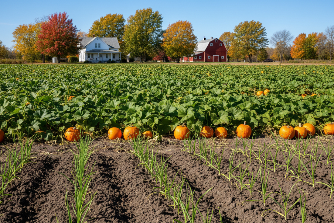 Neat rows of green garlic plants growing in rich dark soil in the foreground, a lush Illinois pumpkin patch with abundant deep green vines and broad leaves
