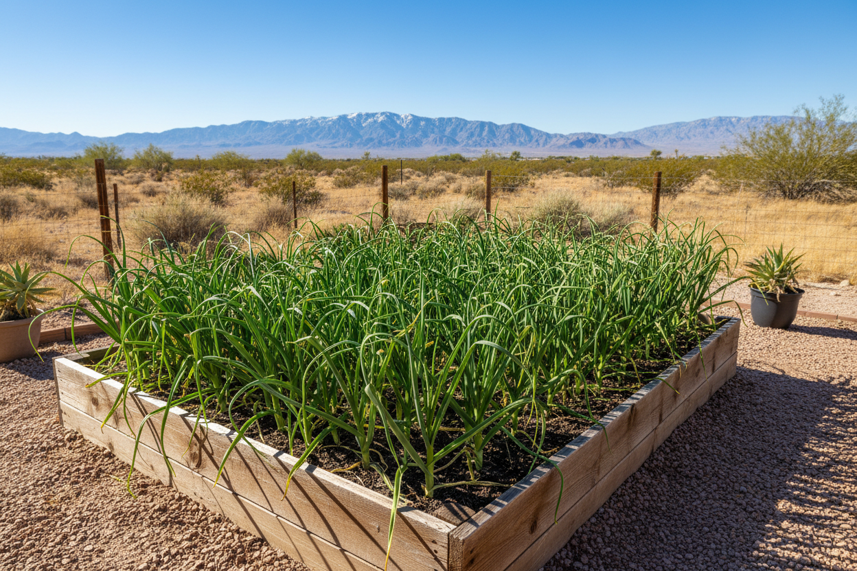 hardneck garlic with purple-striped wrappers on a wooden surface with the vast Nevada sagebrush desert and mountain ranges in the background