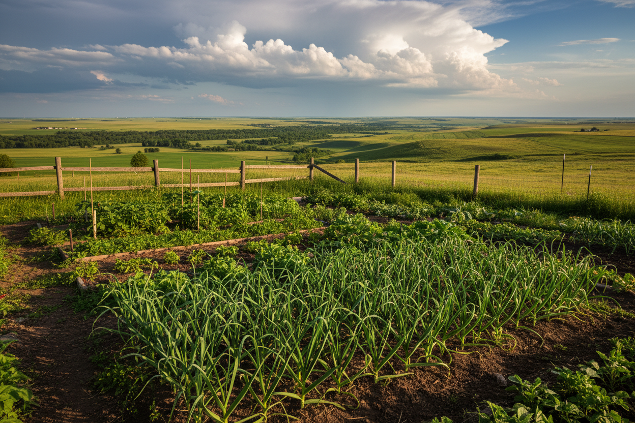 arlic in a garden with the fertile James River Valley farmland under a dramatic big-sky prairie horizon