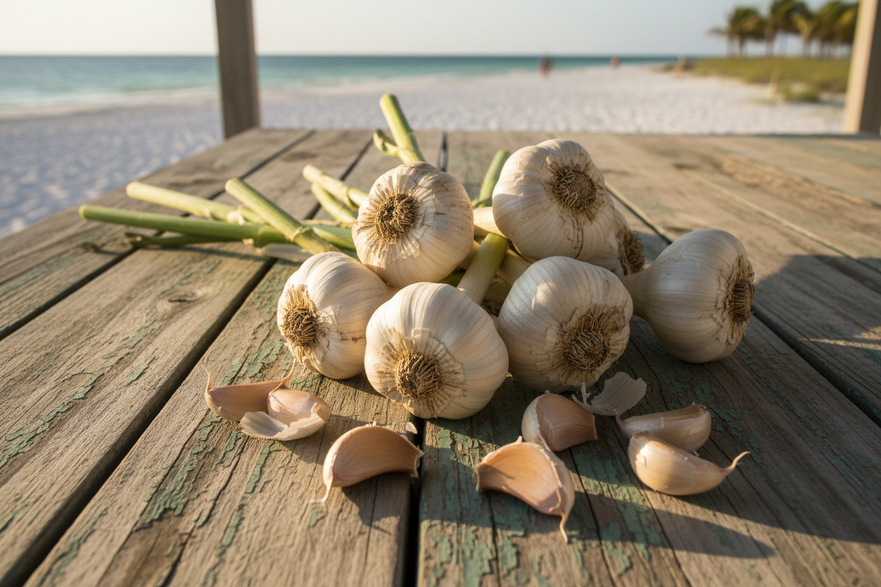 Freshly harvested garlic bulbs with green stems piled on a weathered wooden porch table overlooking the white sand beaches and turquoise water of the Alabama Gulf Coast on a warm sunny afternoon