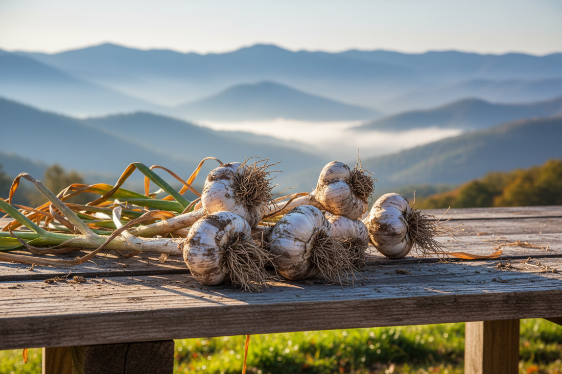 Freshly harvested garlic bulbs on a wooden surface with the misty Blue Ridge Mountains of Western North Carolina in the background at sunrise