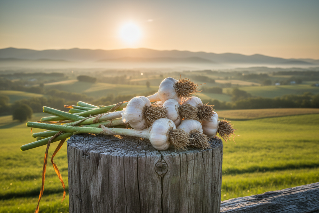 Freshly harvested garlic bulbs stacked on a weathered wooden fence post with the Shenandoah Valley rolling green farmland and Blue Ridge Mountains glowing at sunrise in the background