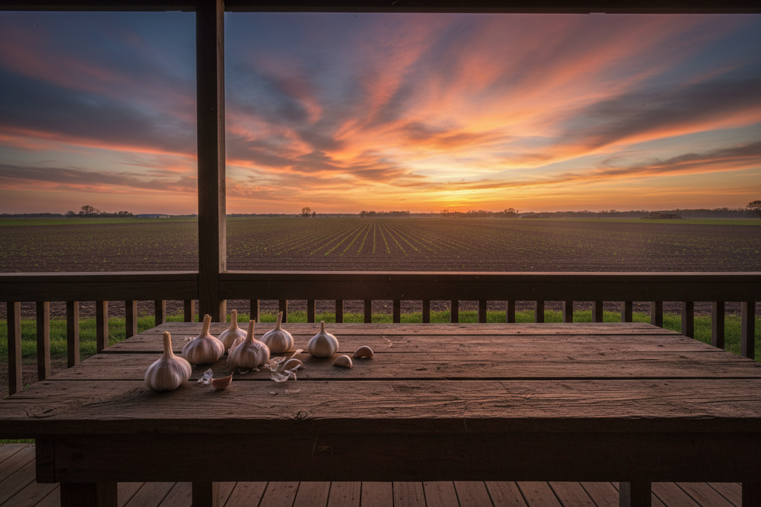 Garlic bulbs and loose cloves arranged on a weathered wooden farm porch table viewed through a screened porch frame, overlooking flat Arkansas Delta crop rows stretching to the horizon under a dramatic orange and pink sunset sky