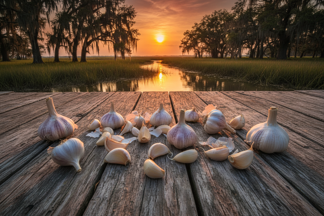 Garlic bulbs and cloves scattered on a weathered wooden dock overlooking a South Carolina Lowcountry tidal marsh with live oak trees draped in Spanish moss and a vivid orange sunset reflecting on the water