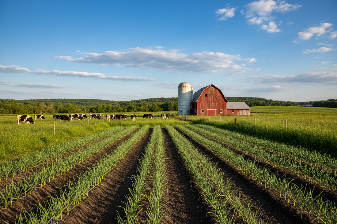 Neat rows of garlic plants growing in rich dark soil on a classic Wisconsin dairy farm, a herd of black and white Holstein cows grazing in a lush green pasture beside the garden, a classic red dairy barn