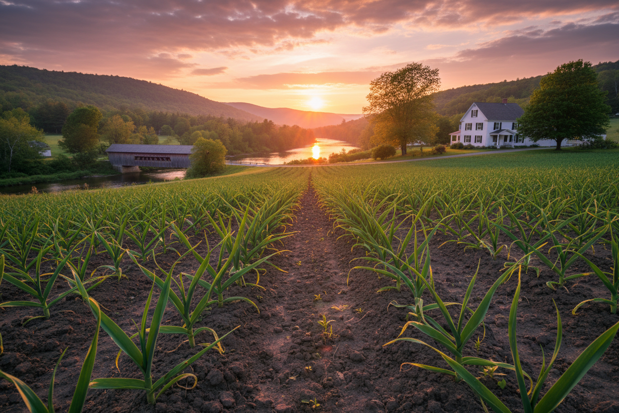 Rows of green garlic plants growing in rich dark soil along the Connecticut River Valley in New Hampshire, the Connecticut River and Vermont hills glowing at golden sunset, a classic white farmhouse and covered bridge visible on the riverbank