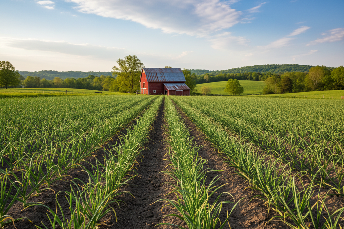 Rows of garlic growing in a Tennessee farm field in spring with a red barn and rolling green hills in the background