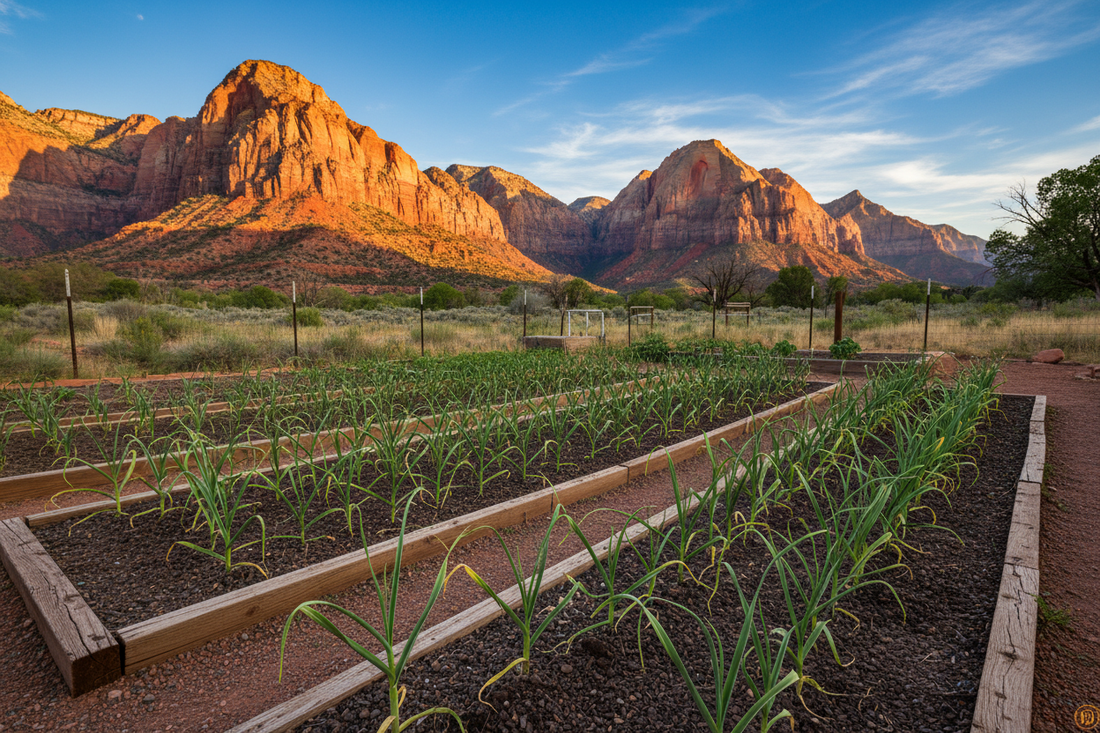  Garlic garden with Zion National Park's vermillion cliffs
