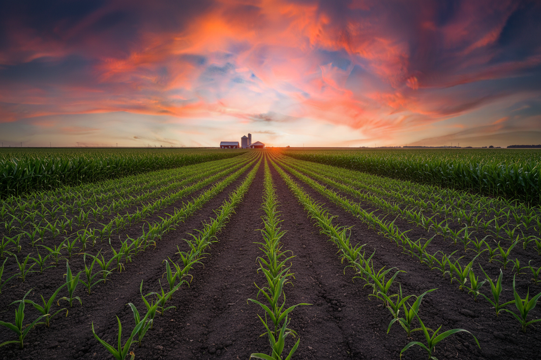 Garlic garden in front of a Nebraska cornfield at sunset
