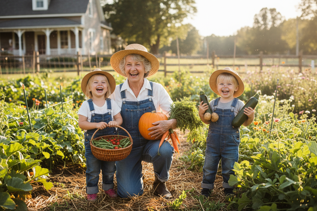 Grandmother and grandchildren laughing and harvesting vegetables together in a sunny garden