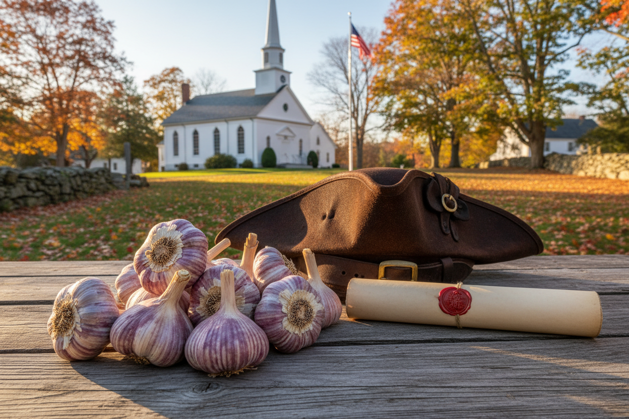 Freshly harvested hardneck garlic bulbs with purple-marbled wrappers beside a vintage colonial tricorn hat and parchment scroll, a classic white New England church with steeple and American flag flying on a Connecticut village green in autumn