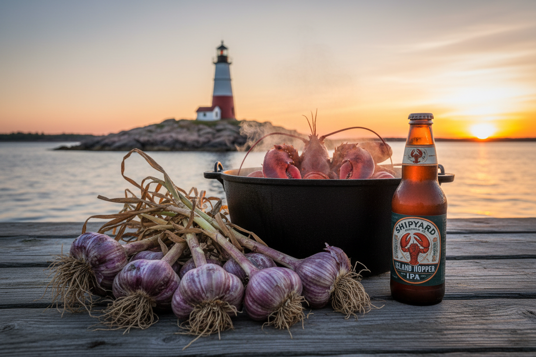 garlic, lobster, and beer at sunset