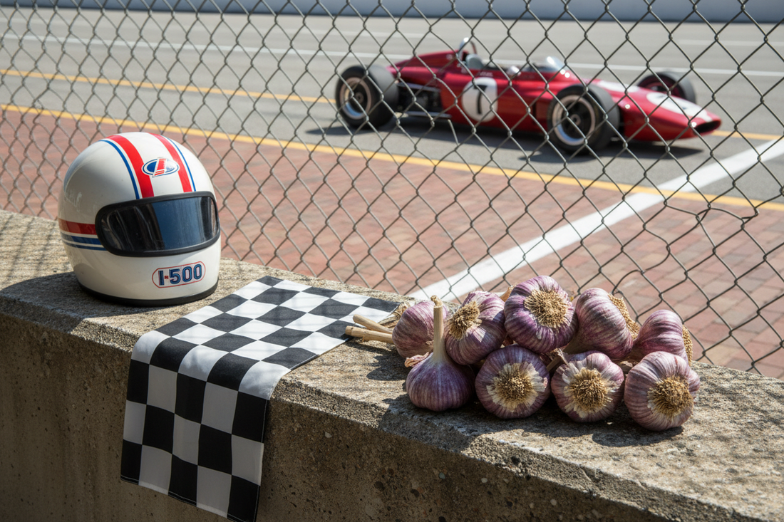 Garlic beside an Indy 500 helmet and checkered flag on the brickyard