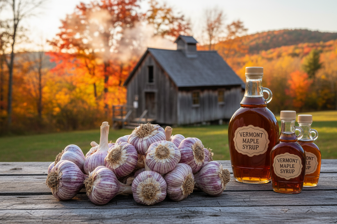 When to plant garlic in Vermont by region — Northeast Kingdom, Champlain Valley, Green Mountains, and Southern Vermont. Best cold-hardy hardneck varieties for zones 3b–6a from Garlic Gods
