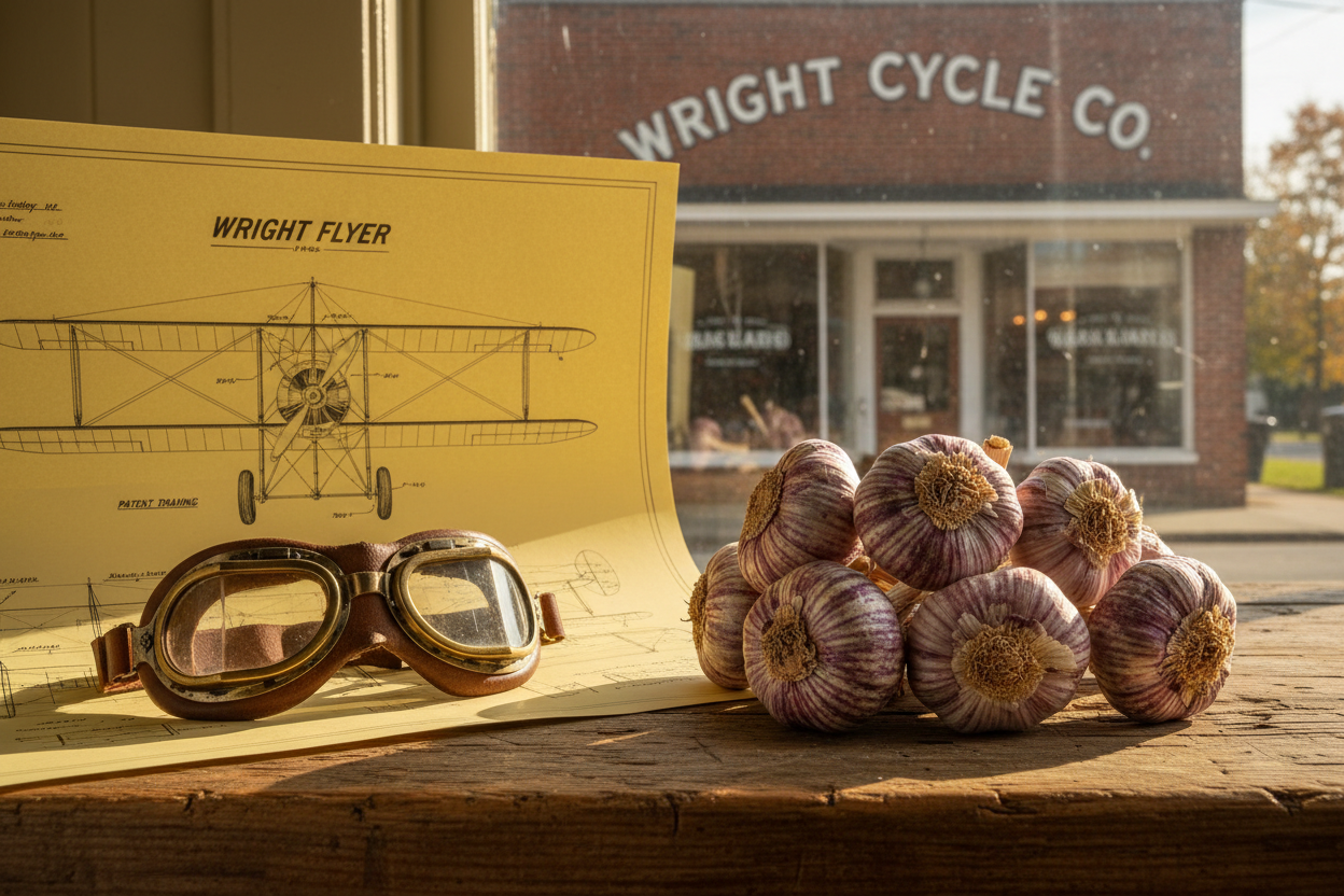 Freshly harvested hardneck garlic bulbs with purple-marbled wrappers on a weathered wooden workbench beside a vintage Wright Brothers biplane blueprint and worn leather aviator goggles, the historic Wright Brothers bicycle shop storefront in Dayton Ohio