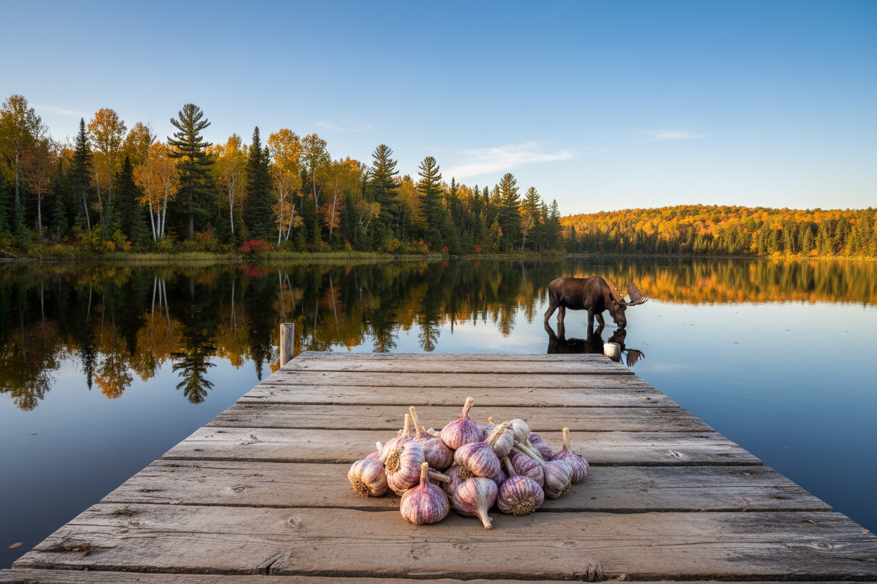 Garlic on a Boundary Waters dock with a moose wading in the shallows