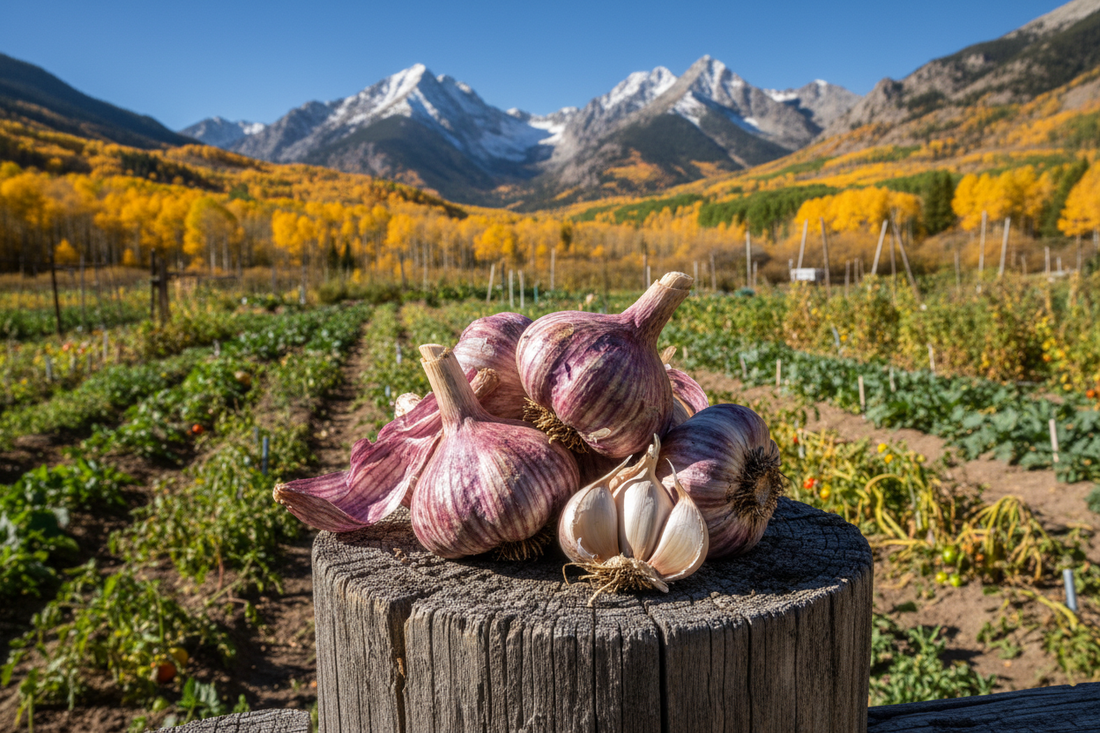 Garlic in a mountain valley garden with snow-capped Rockies and golden aspens