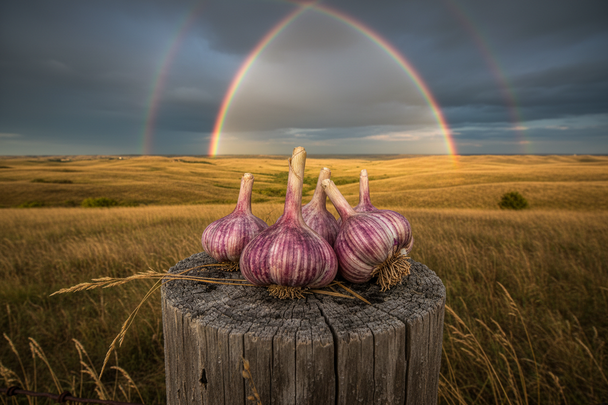Garlic on a fence post in the Flint Hills with dark storm sky and double rainbow