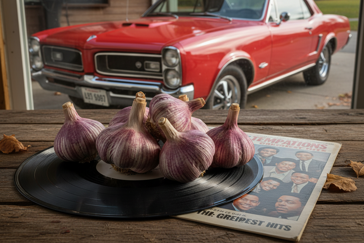 Garlic on a Motown vinyl record, classic Detroit muscle car