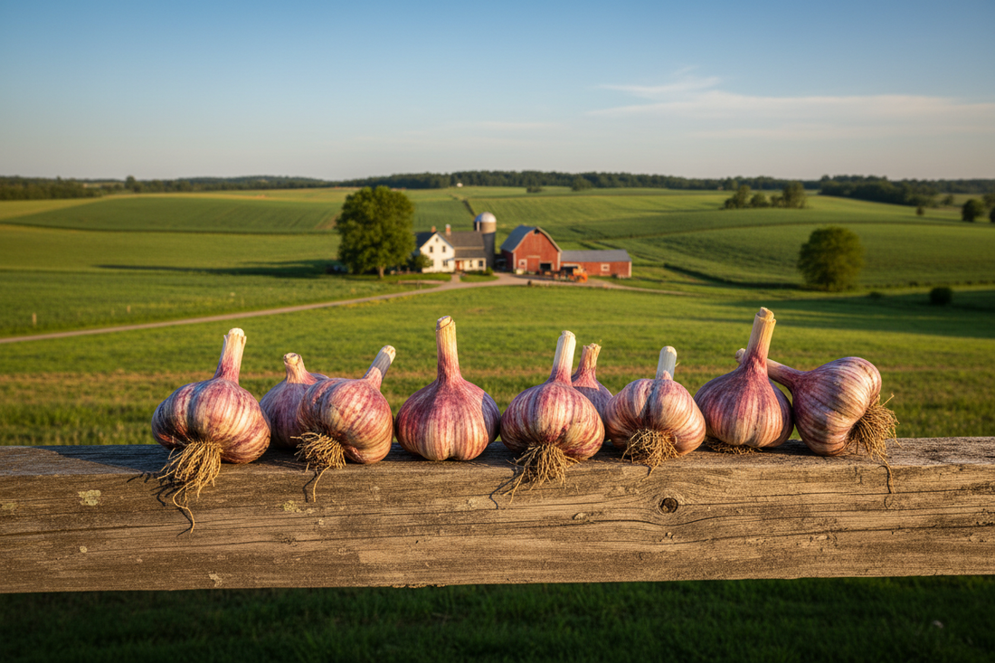 Eight freshly harvested hardneck garlic bulbs with deep purple-marbled wrappers lined up on a weathered wooden fence rail, rolling Lancaster County Pennsylvania farmland with a white farmhouse and red barn stretching to the horizon at golden hour