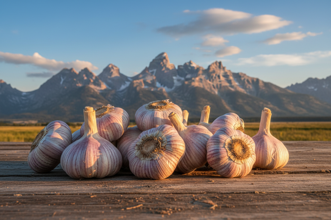 harvested hardneck garlic with purple-striped wrappers on a wooden surface with the Grand Tetons in the background 