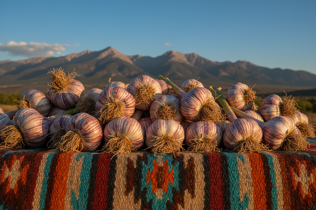 hardneck garlic with purple-striped wrappers and long roots on a traditional New Mexico woven textile with the Sangre de Cristo Mountains