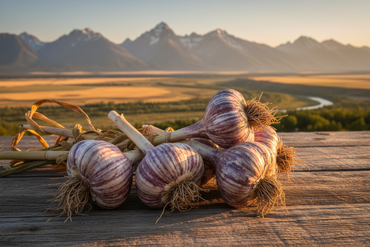 hardneck garlic with purple-striped wrappers on a wooden surface with the snow-capped Rockies in the background at golden hour