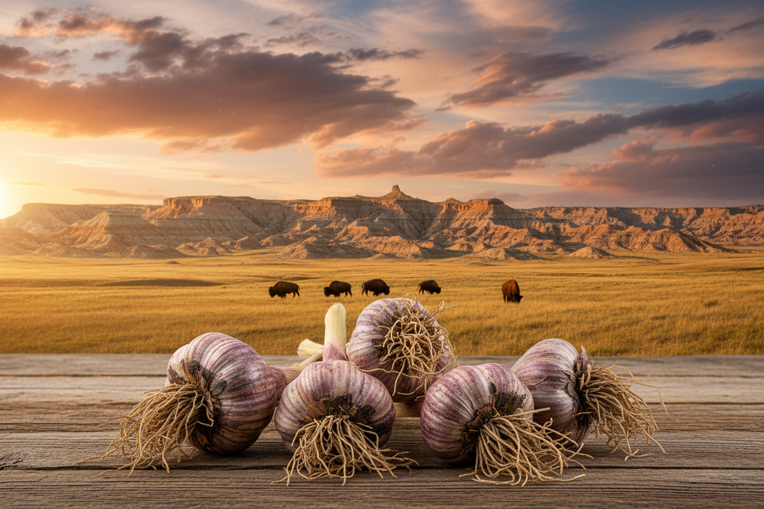 hardneck garlic with purple-striped wrappers and long roots with bison grazing on the golden plains 