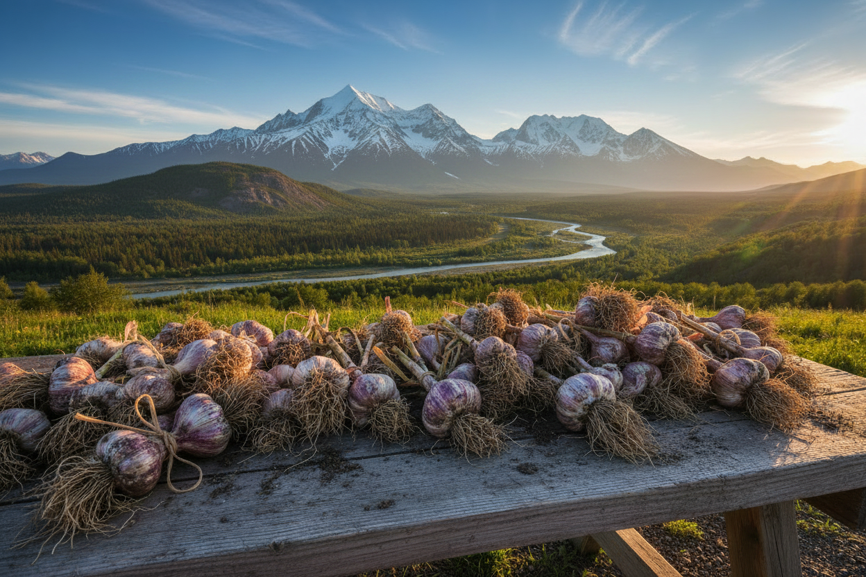 Hardneck garlic infront of snowy mountains
