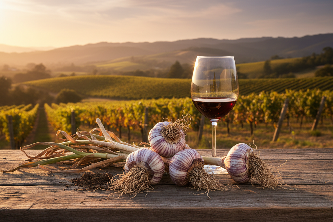 hardneck garlic with purple-striped wrappers and a glass of red wine with Napa/Sonoma vineyards and golden hills