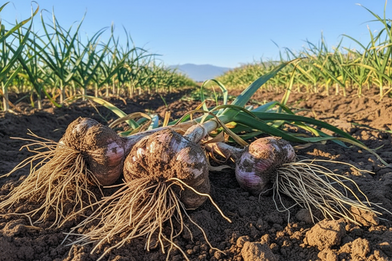 Freshly harvested garlic bulbs with roots and green stalks lying on rich brown soil in a garlic field under a blue sky