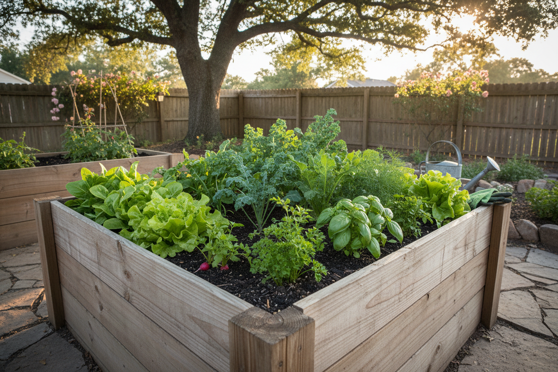 A lush wooden raised garden bed filled with vegetables and herbs in a sunny backyard