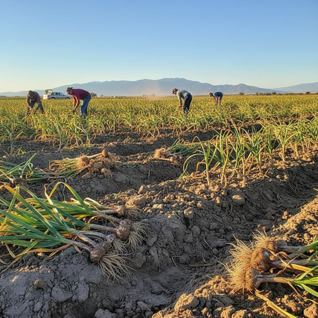 Farm workers harvesting garlic in a large open field with mountains in the background and freshly pulled bulbs in the foreground