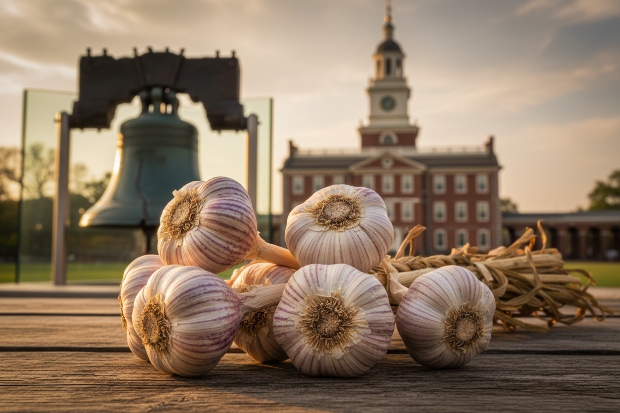 Garlic bulbs on a rustic wooden surface with the Liberty Bell and Independence Hall in the golden hour background.