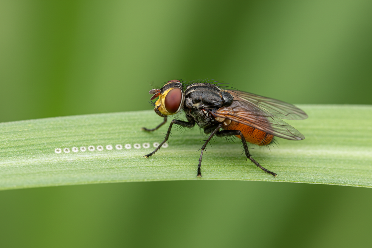 Extreme close-up of an adult Allium Leafminer fly (Phytomyza gymnostoma) resting on a bright green garlic
