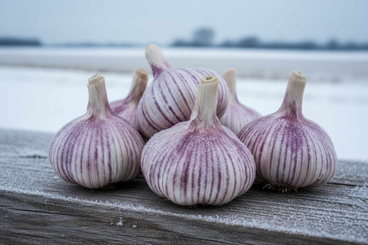 Korean Red hardneck bulbs with frost crystals and a snowy winter backdrop.