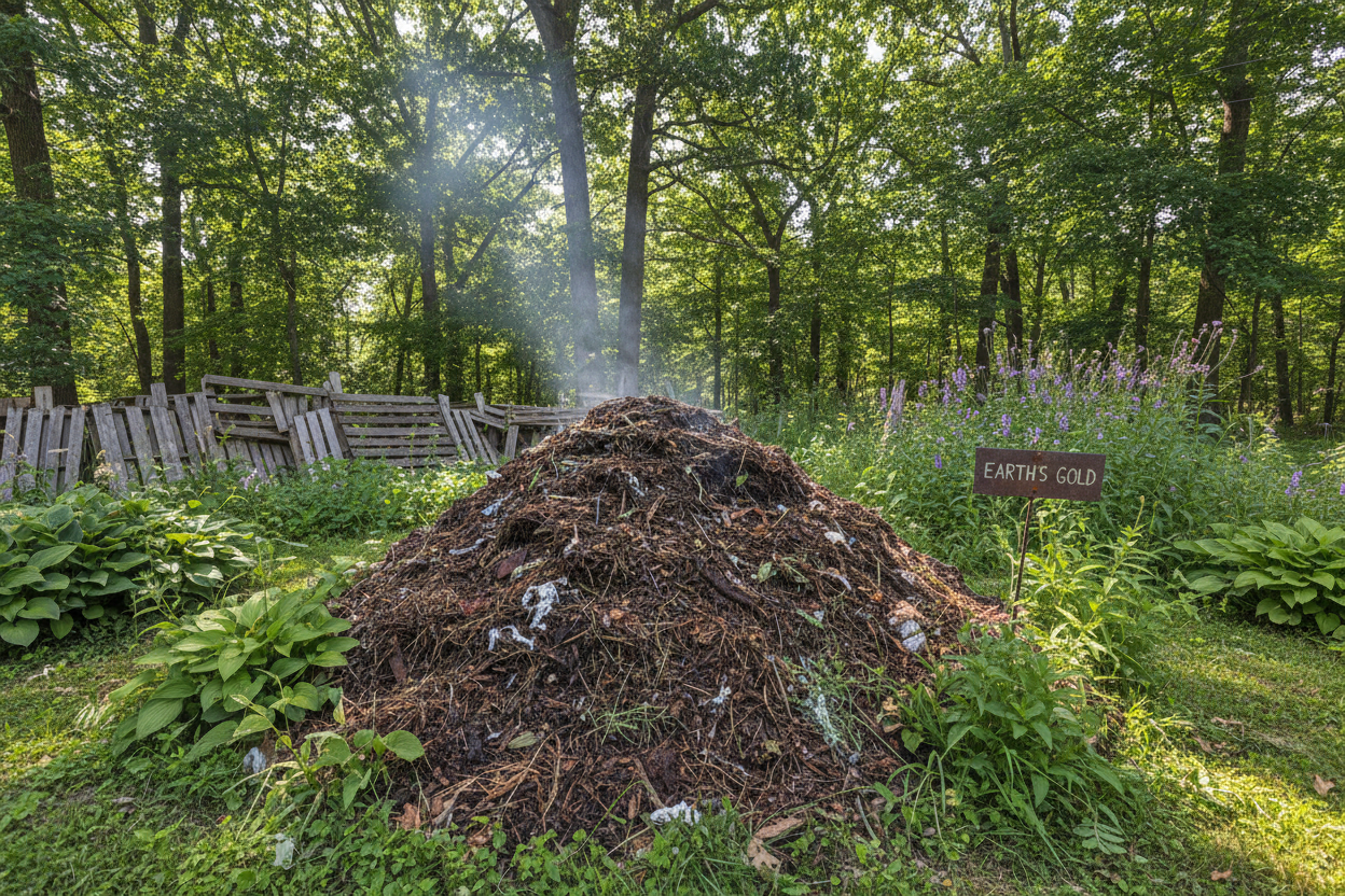 A large steaming compost pile labeled Earth's Gold surrounded by lush green trees and wildflowers in a backyard garden
